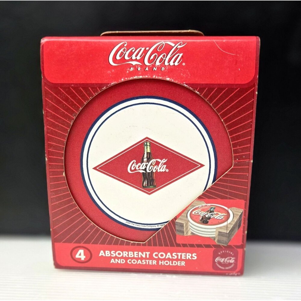 Coca-Cola Absorbent Stoneware Coasters Cork Back Wooden Holder Set of 4 NEW